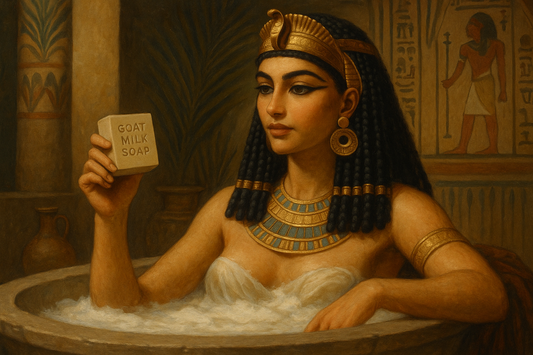 queen Cleopatra talking a bath in goat milk with holding a natural goat milk soap bar