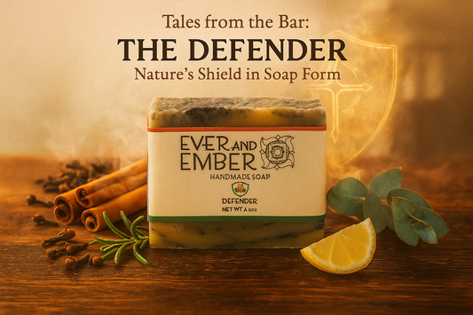 The Defender natural soap bar by Ever & Ember surrounded by clove, cinnamon, rosemary, lemon, and eucalyptus on a rustic wooden table, glowing warm light symbolizing protection and purity