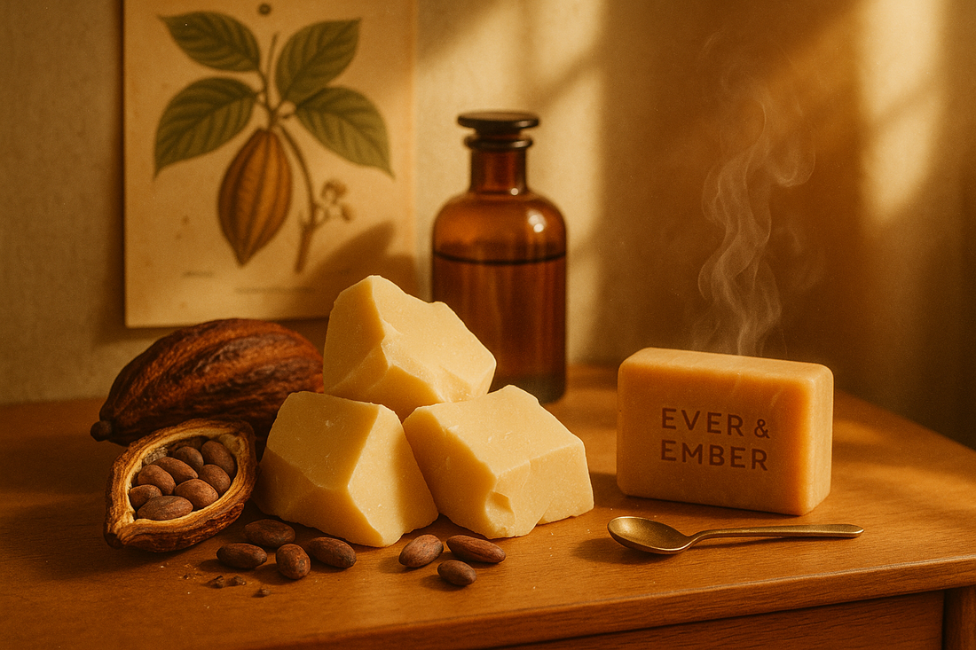 Retro cocoa butter skincare flat lay — chunks of creamy cocoa butter, cocoa beans, amber glass jars, and an Ever & Ember soap bar in warm golden sunlight, styled in vintage 1970s apothecary tones.