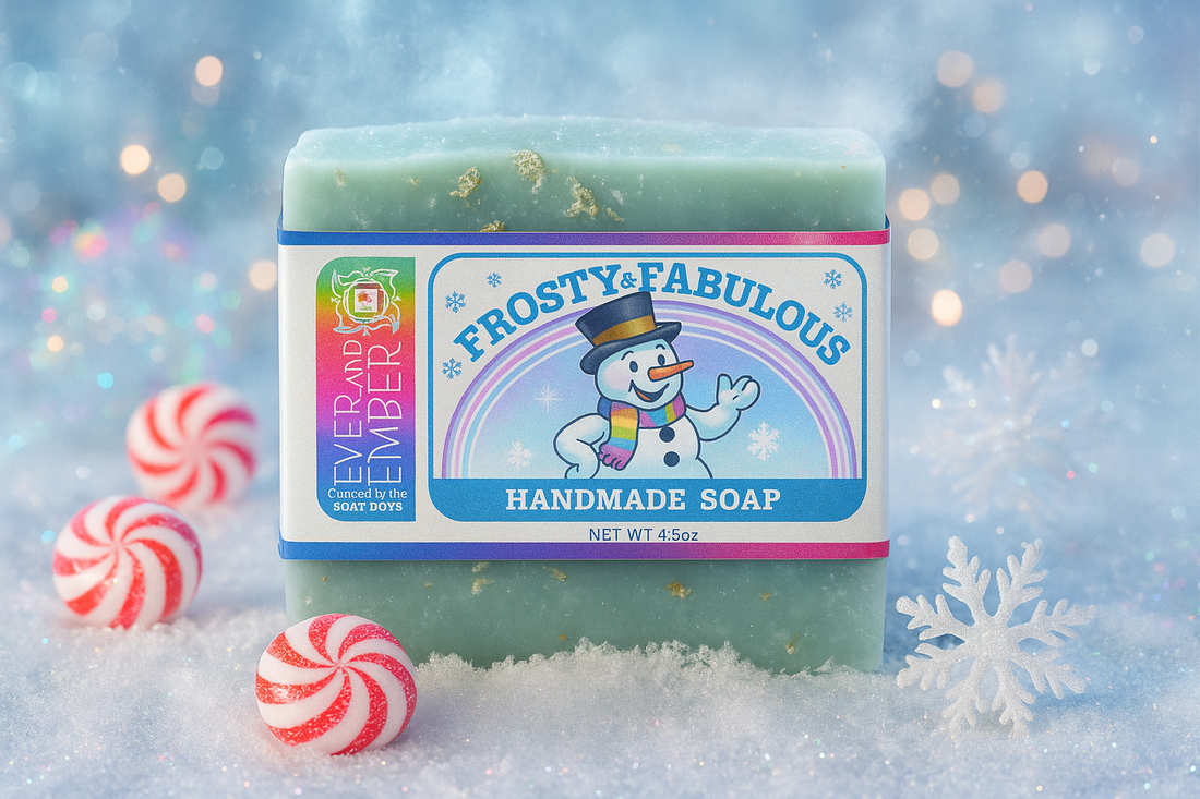 Frosty & Fabulous natural soap bar from Ever & Ember resting on a snowy surface with peppermint swirls, sparkling frost, and rainbow shimmer — a winter-pride inspired flat-lay.