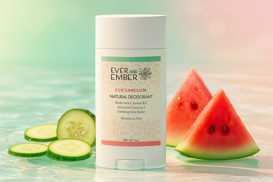 Cucumelon Natural Deodorant by Ever & Ember surrounded by fresh cucumber slices and watermelon wedges on a sunlit surface with soft pool-water reflections — bright, refreshing summer vibe.