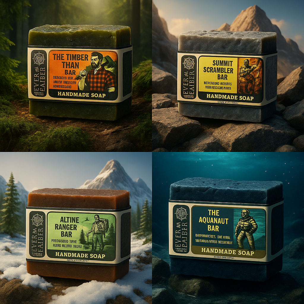 Ever & Ember Adventure Series natural soap bars featuring Alpine Ranger, Summit Scrambler, Aquanaut, and Timber Titan, displayed together with rugged, outdoor-inspired textures.